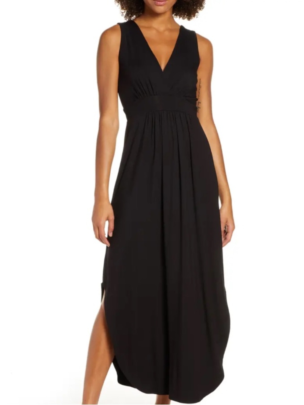 Sleeveless V-Neck Black Cotton Maxi Dress